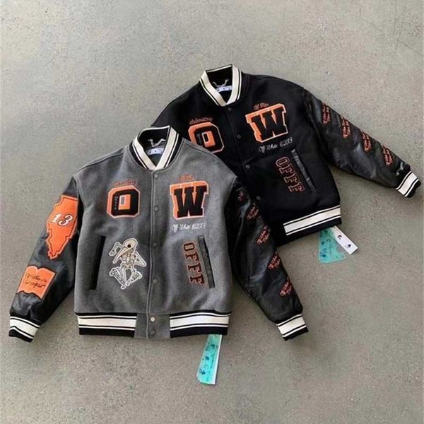 

ow 22fw autumn and winter woolen fabric splice leather sleeve heavy industry embroidery vibe high street couple bomber jacket, Black;brown