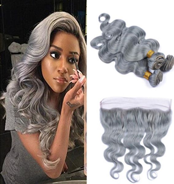 

fashion color silver grey body wave human virgin hair lace frontal with bundles gray heat resistant hair extension with closure gr9242367, Black;brown