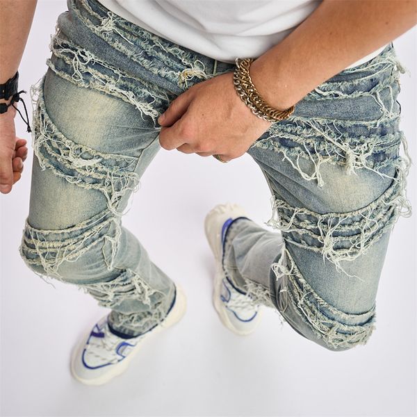 

men's jeans y2k style streetwear mens denim pants fashion ripped patchwork design slim straight jeans autumn men vintage jean trousers, Blue
