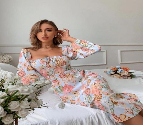 

dresssaving floral print tie front lantern sleeve dress square neck black elegant cotton fashion side split mini ladies basiccasua4719137, Black;gray