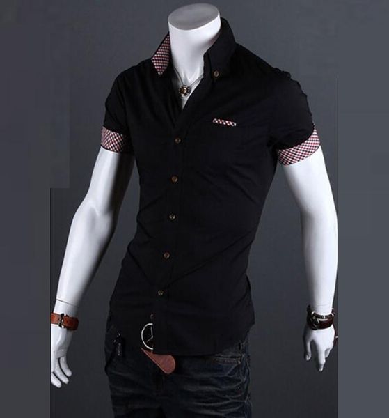 

whole summer new fashion mens casual single breasted shirt mens short sleeve dress shirts summer plaid contrast male 4932266, White;black