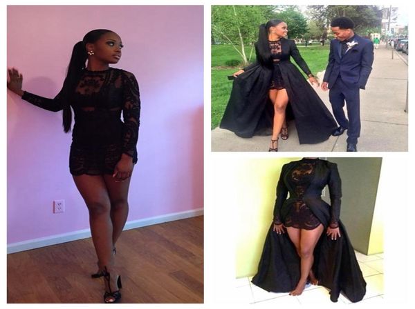 

2016 two piece see through black lace short prom dress long sleeves detachable coat floor length evening pageant dress africa9869839