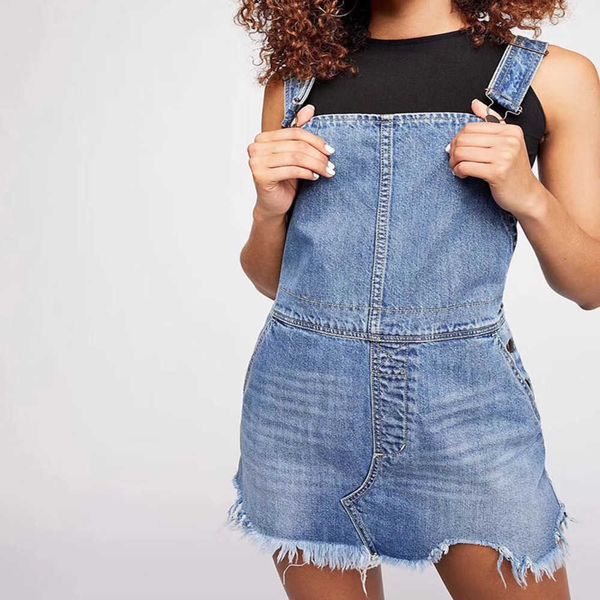 

fp multi color one piece ragged loose fit half body denim skirt women dress fashions, Black;gray