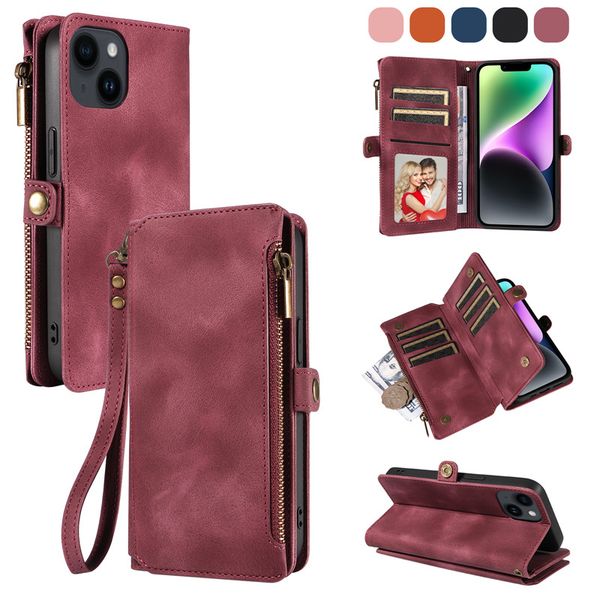 

for iphone 14 13 12 11 pro x xs max 8 7 6 6s with strap zipper wallet cards stand leather flip phone bags