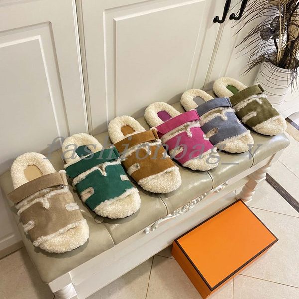 

designer chypre women slippers suede lamb wool slippers soft furry sandals warm slippers home indoor sandal walking slide, Black