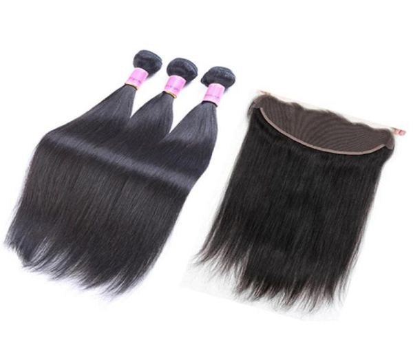 

brazilian peruvian virgin hair straight lace frontal with 3bundles indian malaysian mongolian hair 100 human hair weaves extensio8488528, Black