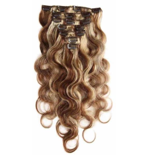 

7a 100 virgin human hair extensions clip in remy hair body wave full head mix color68591322071104, Black;brown