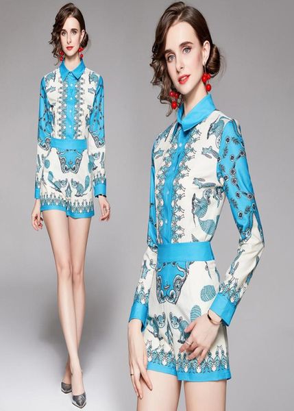 

new summer 2pcs women ladies sets vintage baroque floral print collar long sleeve shirt blouse mini shorts tracksuits outfits6160777, White