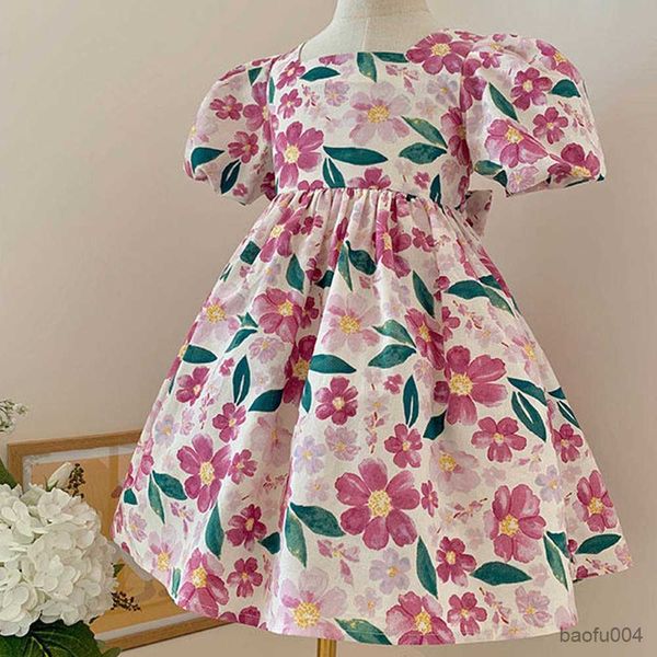 

girl's dresses gaun anak perempuan bunga manis gaun bunga anak perempuan lengan puff baru musim panas gaun putri pesta ulang mode vesti, Red;yellow