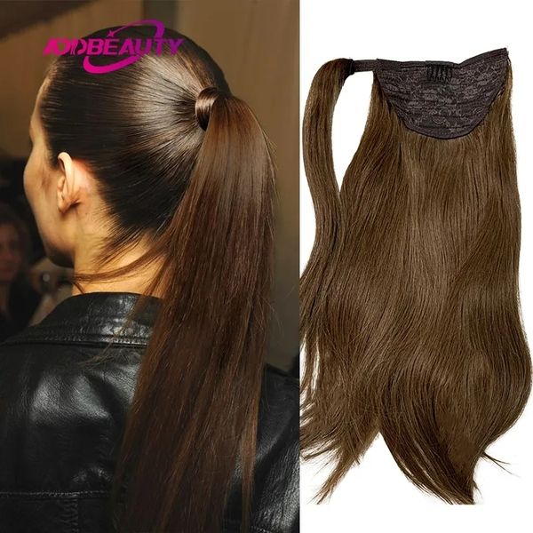 

lace straight tail human hair clips in brazilian wrap around drawstring head wear hairpiece natural 15 230807, Black;brown