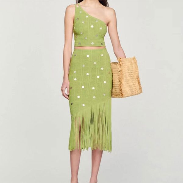 

designer two piece set dress french one shoulder short green knitted strap with tassel wrap hip half length dress women designer clothing, White