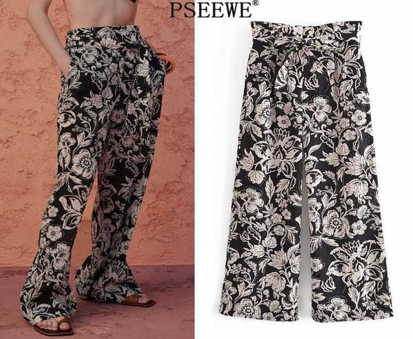 

pseewe women039s pants za belt black print high waisted trousers for female vintage baggy straight wide leg pants woman zip fly1394969, Black;white