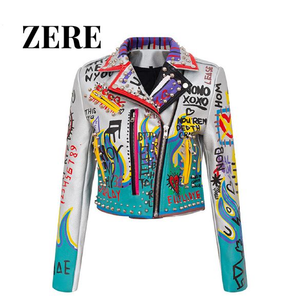 

womens jackets fashion personality graffiti pattern color rivet decorated rock faux leather pu street jacket women motorcycle wear 230808, Black;brown