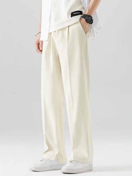 

men s pants 2023 summer casual men breathable polyester korean fashion semi wide banded waist slacks straight loose drape trousers 230808, Black