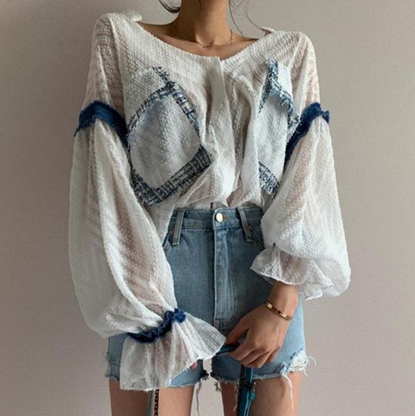 

casual loose chic flare sleeve female shirts autumn winter pockets patchwork singlebreasted women blouses blusas mujer 20207087087, White