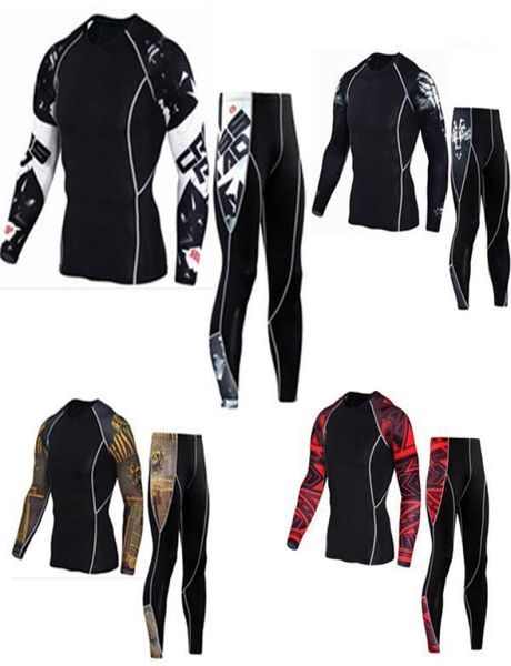 

new custom compression tracksuit men training running set fitness tight long sleeve shirt pants leggings gym sport suit13654762, Black;blue