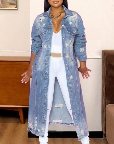 

womens jackets denim jacket women autumn winter fashion ripped raw hem button front longline cutout pocket long sleeve washed coat 230808, Black;brown