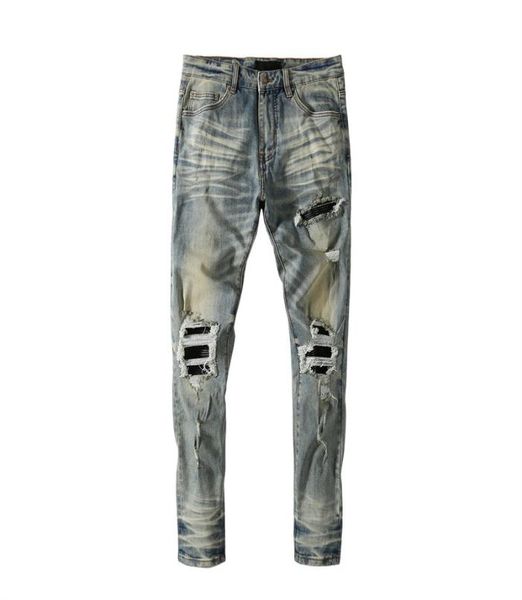 

mens jeans with holes patchwork leather dark blue washing water used trousers europe and america4740213