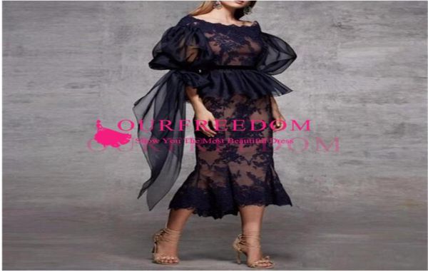 

scoop neck lace peplum mermaid evening dress ruched half sleeves tea length formal party prom dresses navy blue women gowns3221669, Black