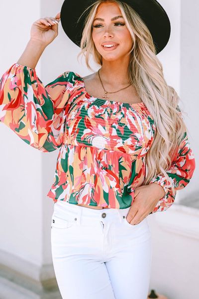 

fast shipping peplum abstract floral long sleeve blouse for women, White