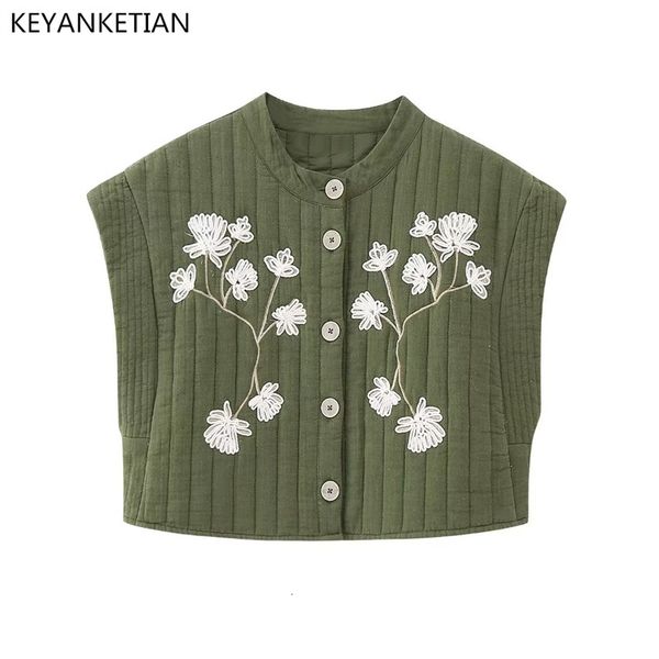 

women's vests keyanketian floral embroidery short padded vest women retro style single breasted army green sleeveless jacket coat thin, Black;white