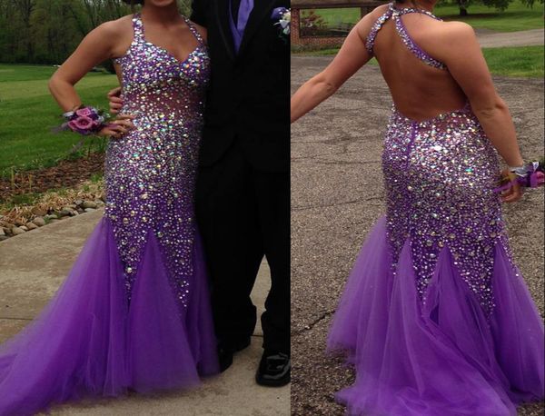 

luxurious crystals sequins mermaid evening dress halter sweep train purple beading prom dress vestido de formatura6817018, Black