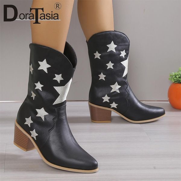 

boots brand design ladies pointed toe western cowgirl boots fashion print chunky heels women's cowboy boots casual vintage woman shoes, Black