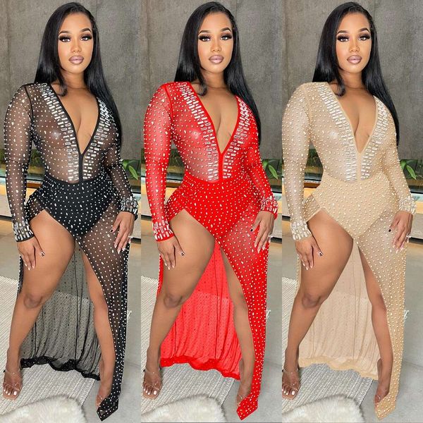 

fashion womens nightclub diamonds deep v long sleeve split dress, Black;gray