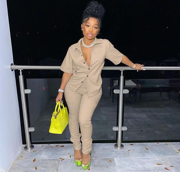 

women039s two piece pants 2022 fashion set short sleeve turn down collar button blouse shirt and stacked jogger sweatpant worko9584938, White