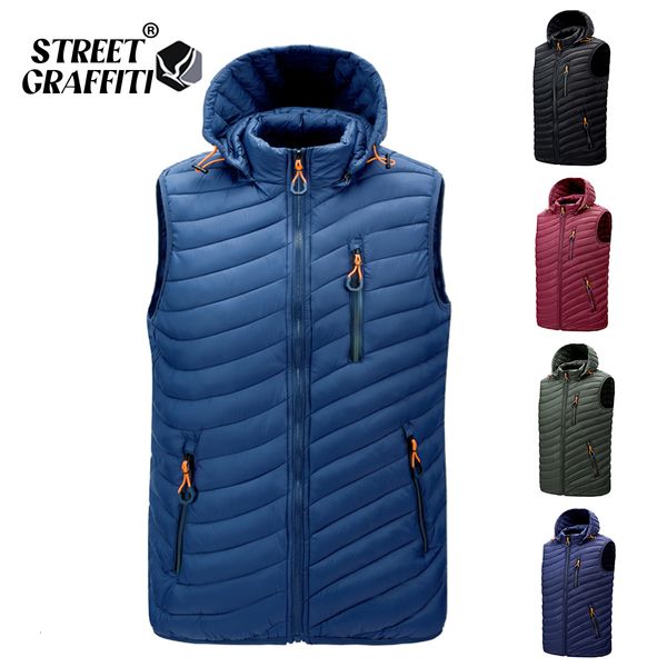 

men's vests s.t.g men sleeveless down vests solid hooded vest jackets fashion male winter casual pockets waistcoat windproof jacket 230, Black;white