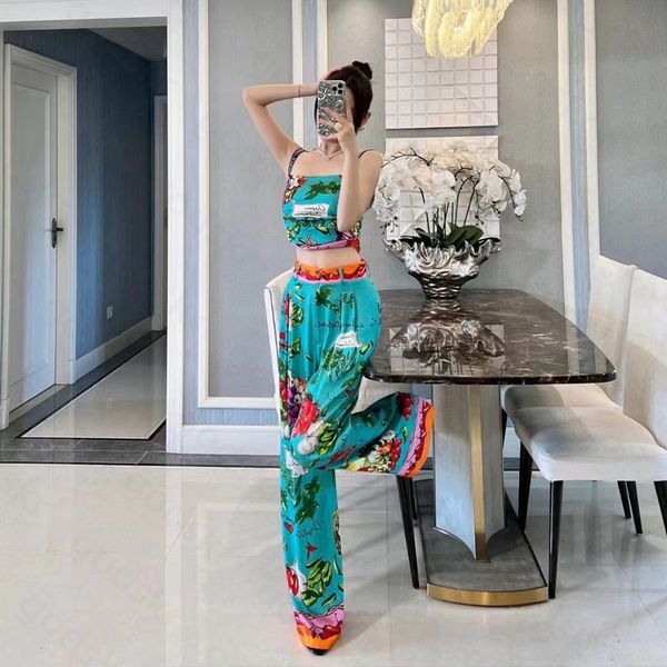 

women camisole pants sleeveless crop wide leg pants casual trousers letter print vest pants set, Gray