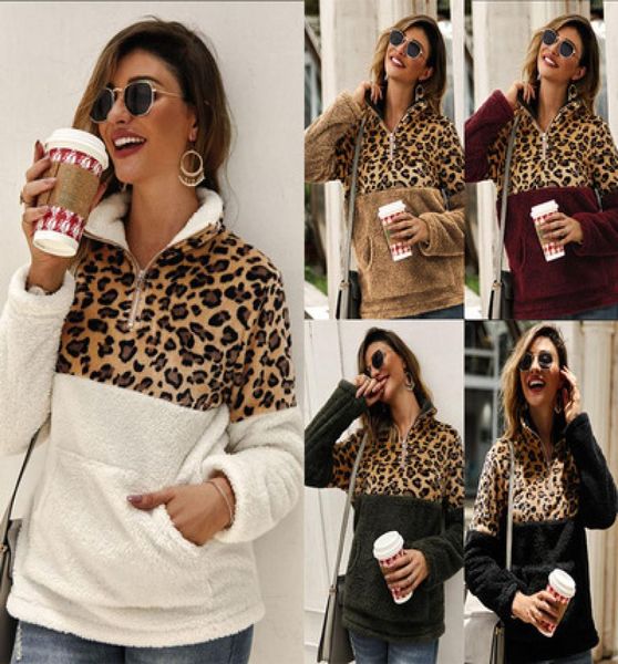 

women leopard patchwork pullover long sleeve zipper sherpa sweatshirt soft fleece outwear with pockets hoodie coat5108124, Black