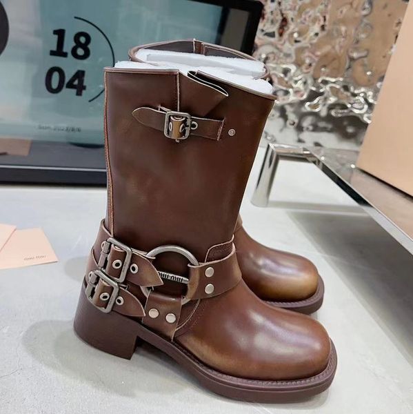 

thick heel cap toes mid-calf boots belt buckle cowhide slip-on motorcycle boots women's outdoor shoes luxury designer combat boots fact, Black