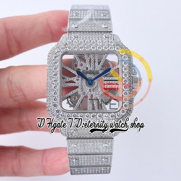 

sf twf0028 swiss ronda 4s20 quartz mens watch fully iced out big diamonds bezel roman markers skeleton diamond dial steel bracelet super edi, Slivery;brown