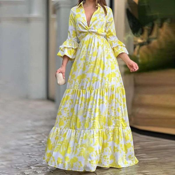 

summer womens dress unique casual print deep v neck flare sleeve long, Black;gray