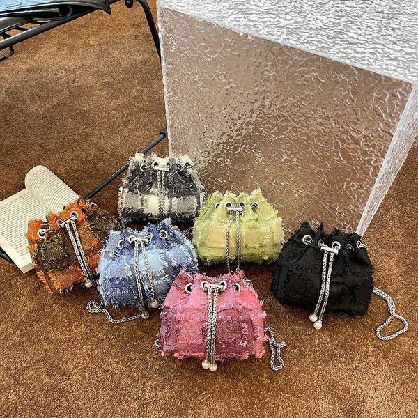

fashion girls patchwork denim handbags ins kids pearl metal chain one shoulder bag lady style lace-up bucket messenger bag s0315v, Black