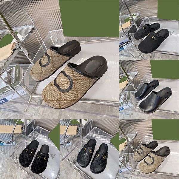 

designer women slippers men canvas mules leather buckle loafers metal chain embroidery comfortable casual slides, Black