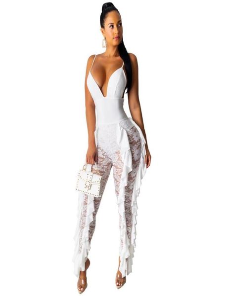

zoctuo 2020 summer autumn rompers womens lace stitching jumpsuit printed halter high waist club overalls bodysuits7411144, Black;white