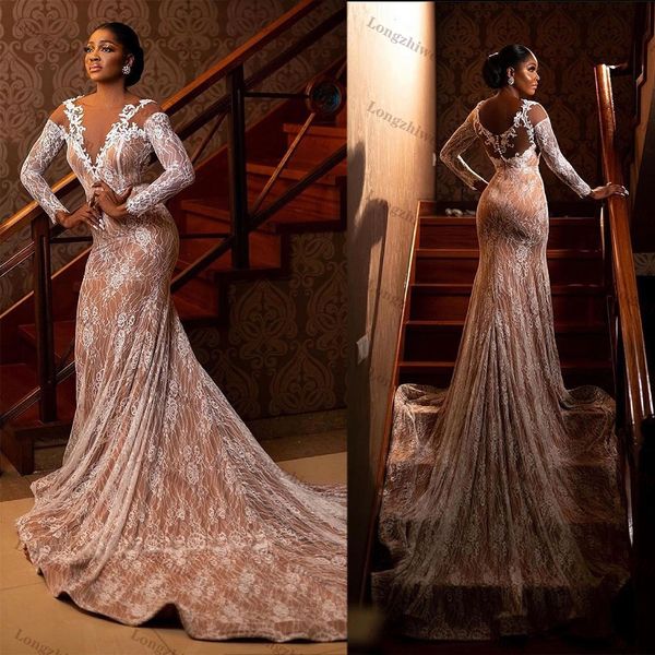 

mermaid wedding dresses new deep v-neck fit slim lace long-sleeve bridal gown brush train vestidos de novia size customized d-h23244, White