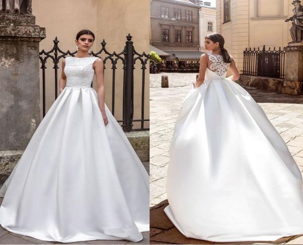 

2017 crystal design collection wedding dress bateau neck appliques sheer backpart bridal dress satin chapel train fashion wed4988545, White