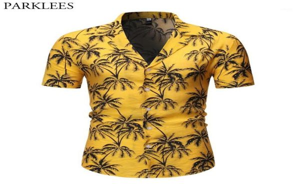 

plam tree print hawaiian aloha shirts 2020 summer fashion short sleeve yellow beach shirts mens casual party holiday chemise 2xl19911981, White;black