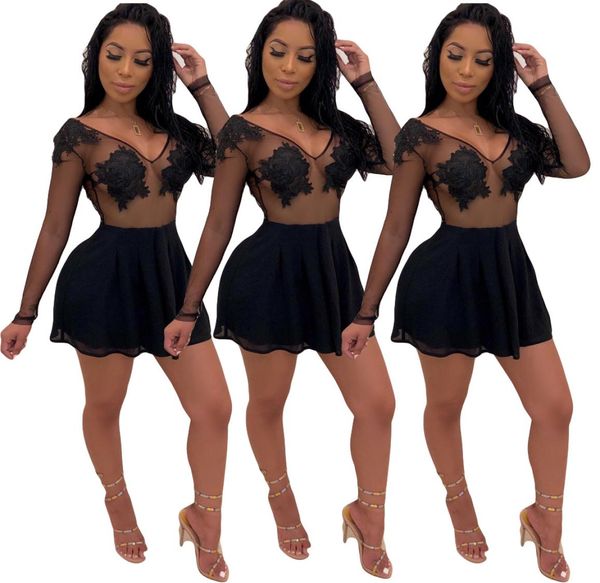 

summer sheer runaway dresses women mini dance dresses mesh floral long sleeve v neck back zipper high waist above knee black 6849733