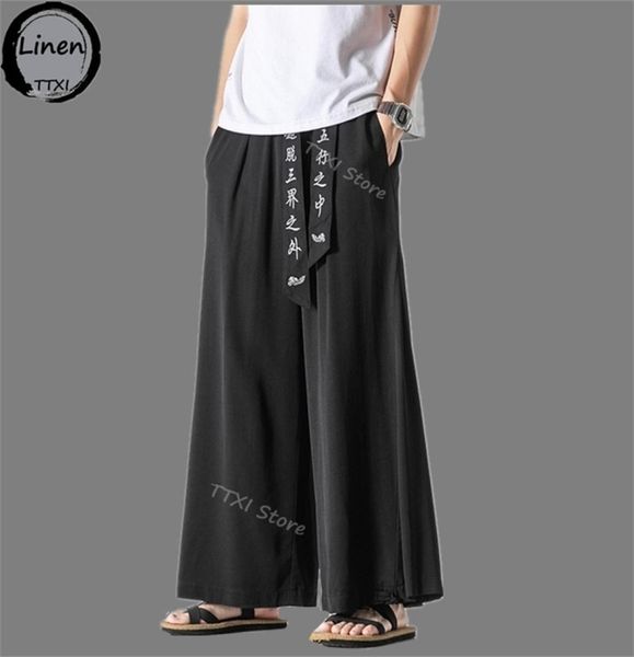 

men039s pants summer men japan samurai and thai wide leg lce silk chinese urban streetwear loose long bottoms trousers 2208276707648, Black