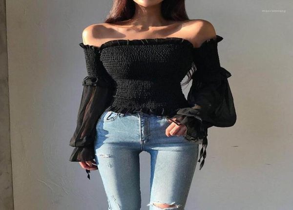 

solid color pleated bow fashion women ladies long sleeve off shoulder cropped blouse shirt lace up corset whiteblack19057431, White