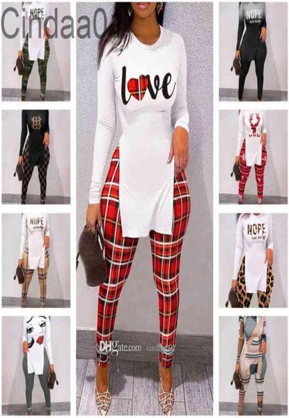 

2022 fall women printed pants outfits personalise split t shirt leggings suit 2 piece matching sets xs size christmas gifts6925046, Gray