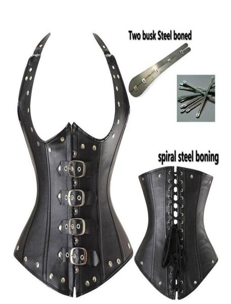 

women039s club steampunk shapers big plus size underbust gothic buckles steel boned pu leather look halterneck bustier cor9910670, Black;white