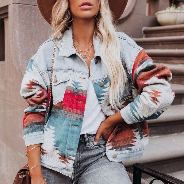 

women's jackets retro denim jacket long sleeved lapel loose denim stitching woolen jacket female aztec vintage denim stitching coat 230, Black;brown