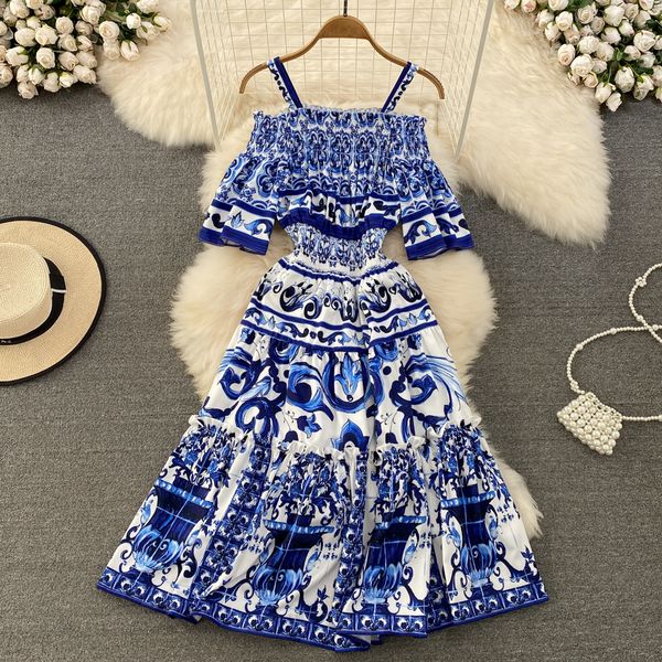 

urban dresses summer fashion runway midi dress women's cool shoulder flare sleeve blue and white porcelain printing holiday beach vesti, White;black