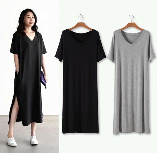 

2021 summer new modal long skirt short sleeve loose split vneck pocket fat mm large slim dress1435981, White