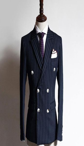 

navy grid business formal men suits double breasted peaked lapel two piece custom made groom wedding tuxedos jacket pants5650050, Black;gray